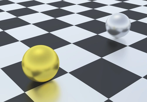 шахматная доска, шары, квадраты, чёрные, белые, жёлтые