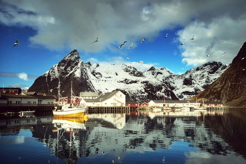 норвегия, лодка, острова, белые, синие, желтые